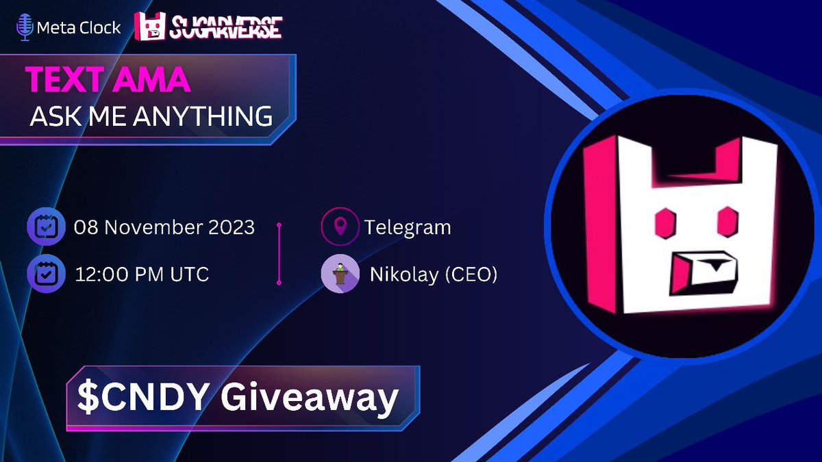 🎙️AMA ANNOUNCEMENT MetaClock

🧬The Telegram  #AMA with <a href="/Real_Sugarverse/">Sugarverse</a>

Venue : t.me/MetaClock_AMA

Guest : Nikolay

⏰Date: 12:00 PM UTC  08 November  2023 

✅ Introduction Segment (10 Question) 

1⃣Follow <a href="/MetaClock_AMA/">Meta Clock || AMA + Spaces 🧬</a> &amp; <a href="/Real_Sugarverse/">Sugarverse</a>
2️⃣Join 
t.me/Sugarverse_Off…