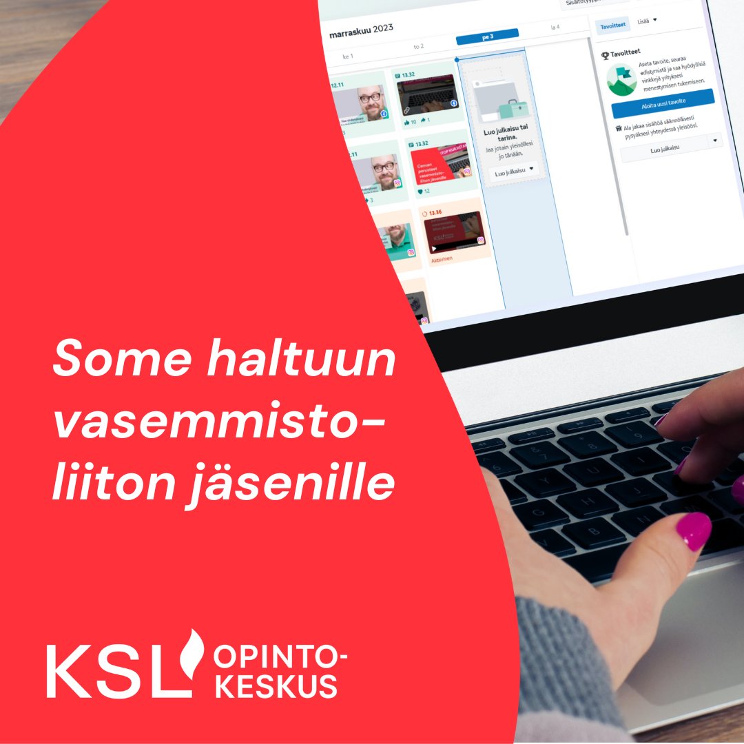 Some haltuun vasemmistoliiton jäsenille -koulutus pidetään verkossa 9.12.2023 klo 10–15. Koulutus sopii henkilöille, jotka tekevät sosiaalisen median sisältöjä omalle osastolleen tai osana vaalityötä. Ilmoittaudu maksuttomaan koulutukseen osoitteessa ksl.fi 🔥