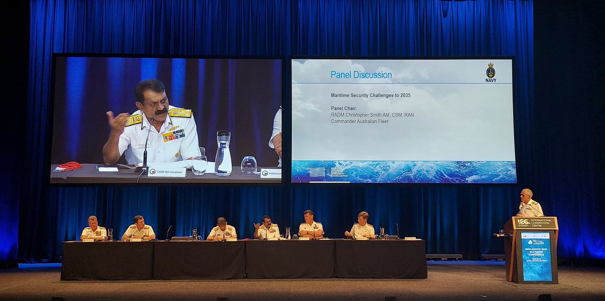 #IP23 VAdm MA Hampiholi #FOCINC @IN_HQSNC delivered a talk & shared views in the Panel Discussion on 'What Does Fleet 2035 Look Like' at the #SeaPower23, Sydney. Collaboration & cooperation would define #MarSec, peace & prosperity in the #IndoPacific. #BridgesOfFriendship #SAGAR