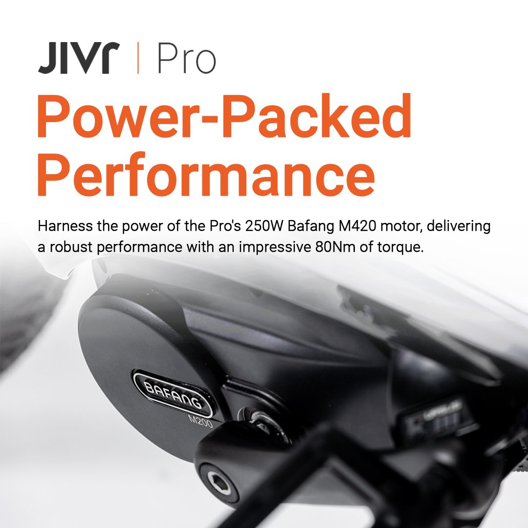 Experience power-packed performance with JIVR Bike Pro!
🚴‍♀️ The Pro's 250W Bafang M420 motor delivers robust power with an impressive 80Nm of torque. Elevate your ride.
Explore more: jivr.co
#JIVRBikePro #PowerPerformance #EngineeringBeautiful