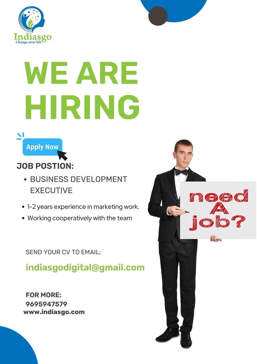 amayra_aro's tweet photo. Exciting Opportunity at Indiasgo: We are actively seeking dynamic and talented individuals to join our team as Business Development Executives. If you are passionate about driving growth and exploring new opportunities. Apply today

#hiring  #hiringnow https://t.co/fllH26VTAR