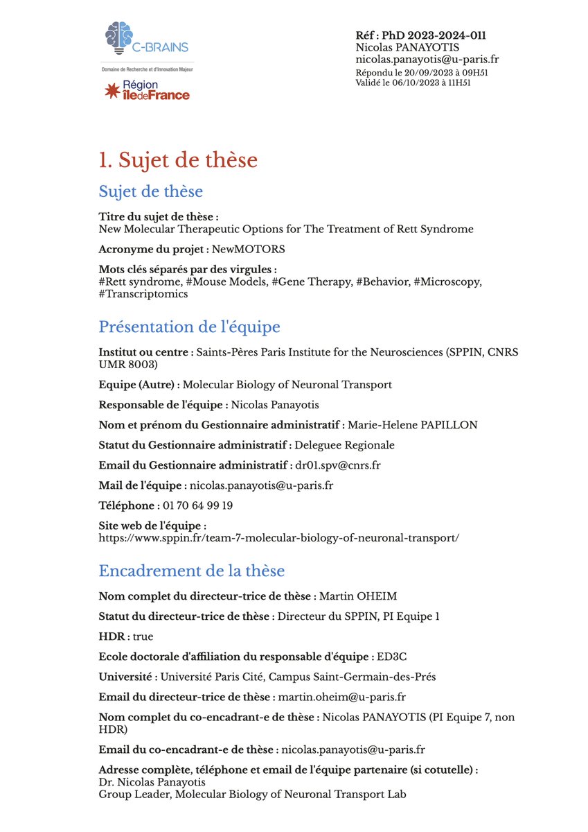 nico_panayotis's tweet photo. Dear Master students. The @CBRAINS_IdF International PhD Program Applications are open! My team at #SPPIN @CNRS @univ_paris_cite has the NewMOTORS "New Molecular Therapeutic Options for The Treatment of Rett Syndrome" project listed.
Guidelines at: https://t.co/RGxrSzjN5U https://t.co/ZG8dtHZt2D