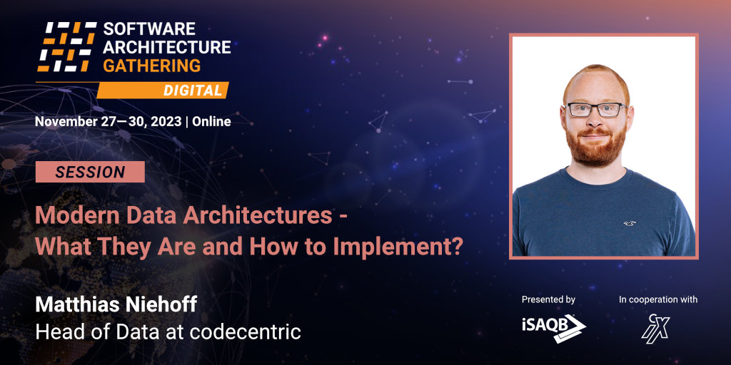 Software Architecture Gathering (@sag_conference) on Twitter photo Explore the rapidly evolving landscape of #ModernDataArchitecture at this year's #SAGconf! <a href="/matthiasniehoff/">Matthias Niehoff</a> will take a look into recent developments such as #DataMesh and #DataLakehouse, or the ELT pattern with you.
Learn more: t1p.de/hu5q2 Explore the rapidly evolving landscape of #ModernDataArchitecture at this year's #SAGconf! <a href="/matthiasniehoff/">Matthias Niehoff</a> will take a look into recent developments such as #DataMesh and #DataLakehouse, or the ELT pattern with you.
Learn more: t1p.de/hu5q2