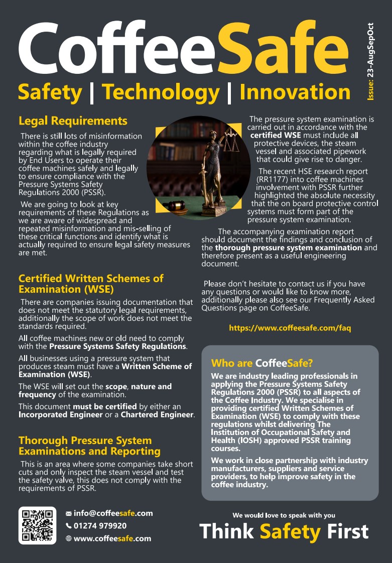 CoffeeSafeLtd's tweet photo. CoffeeSafe Newsletter  

Certified Written Schemes of Examination | Thorough Pressure System Examinations and Reporting | Quarterly Defect Data | Auditing If you would like to know more, or have any questions please don't hesitate to contact us  

The CoffeeSafe Team 😎 🔧📰 https://t.co/mVvqflMBH1