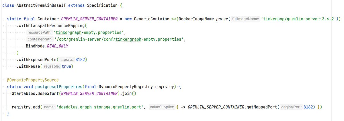 This is a periodic reminder of how awesome @testcontainers is 😎.
Remember that even if there isn't a module for your dependency, you can always use a GenericContainer for it.
This is what it takes for using a Gremlin Server (GraphDB) in a Spring Boot 🌱 application
