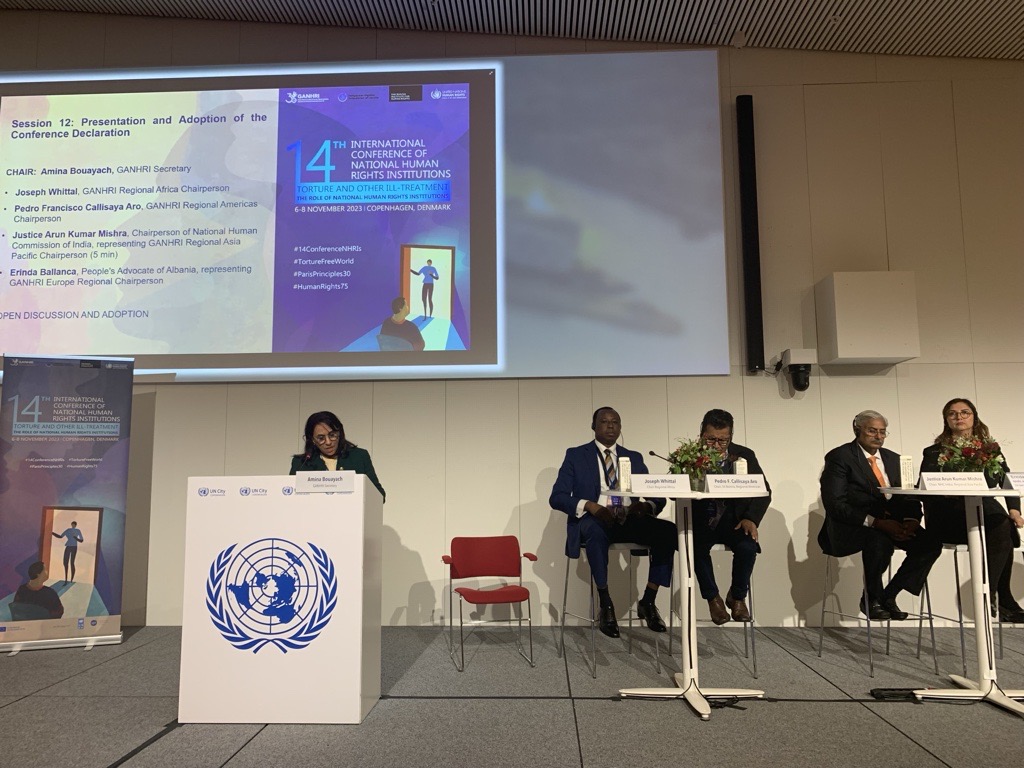 Ganhri1's tweet photo. During session 12 of #14ConferenceNHRIs chaired by @AminaBouayach with👥@JosephWhittal @PedroCallisayaA @India_NHRC @AvokatiPopullit
participating #NHRIs will discuss and adopt the conference outcome declaration which will serve as a roadmap for a #TortureFreeWorld. https://t.co/5ohgGoRYMT