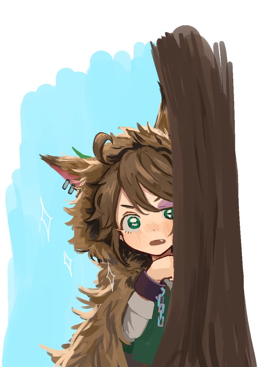 brown hair solo fang animal ears green eyes peeking out open mouth  illustration images