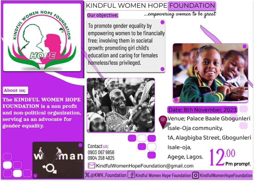 KWH_Foundation's tweet photo. The D-day is finally here!

Kindful Women Hope Foundation is set to reach out to the vulnerable and less privileged females and women across various communities today.

Join the moving train today as we're about to put on endearing smiles on different faces today at Agege Lagos. https://t.co/jY4mg3vneg