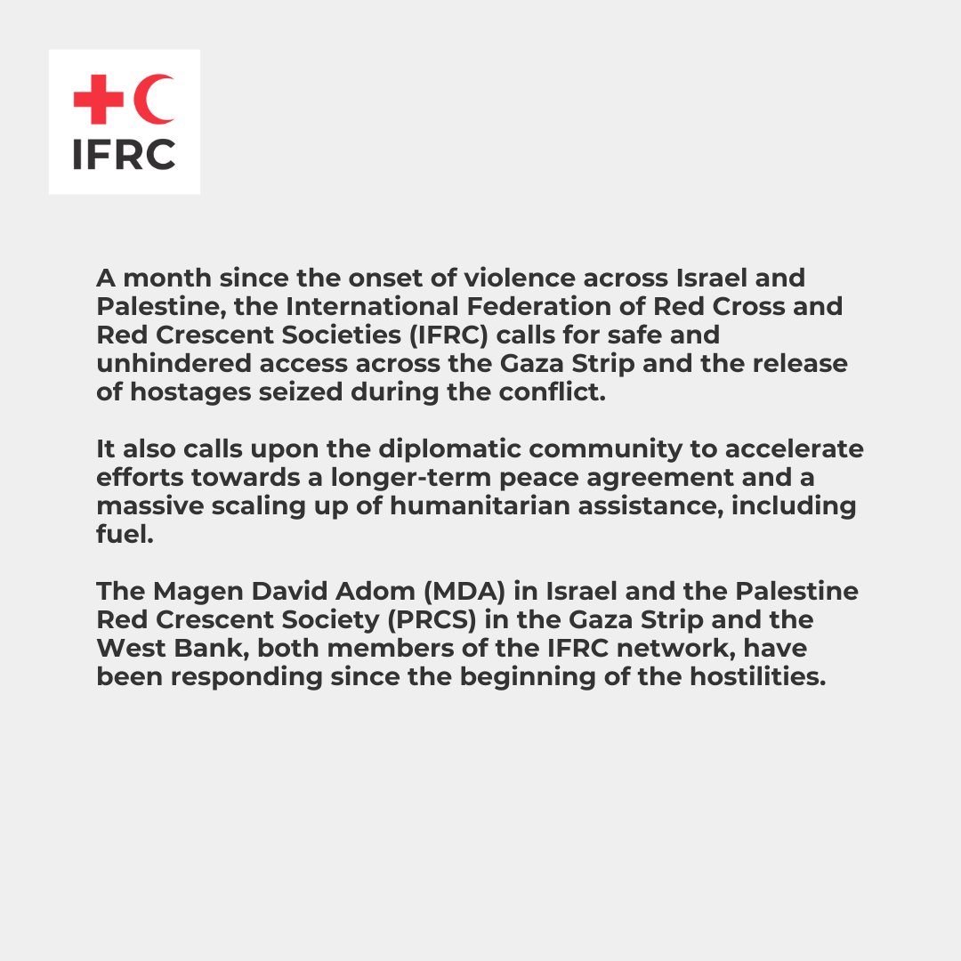 ifrc's tweet photo. The IFRC calls for safe and unhindered access across the Gaza Strip and the release of hostages. https://t.co/37ftS7ws4l