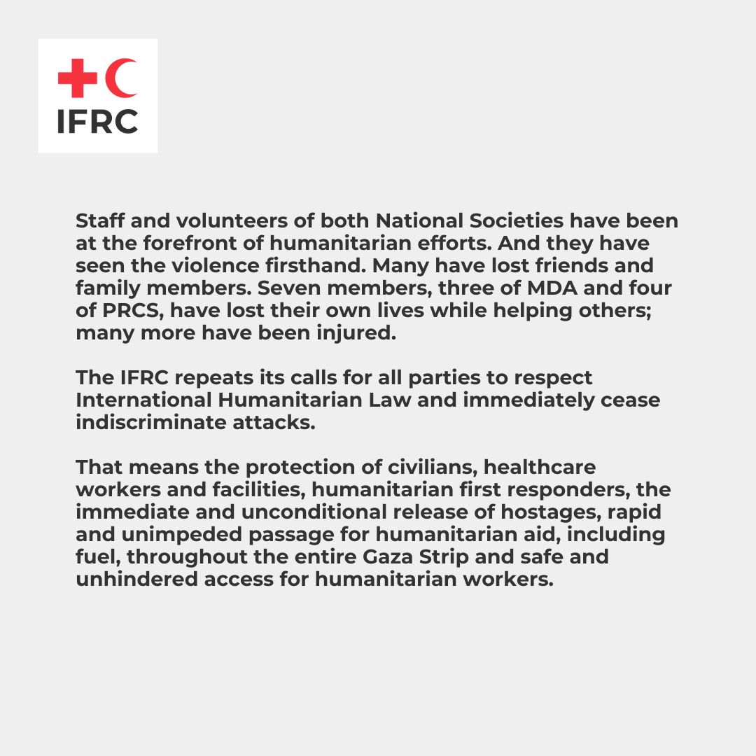 ifrc's tweet photo. The IFRC calls for safe and unhindered access across the Gaza Strip and the release of hostages. https://t.co/37ftS7ws4l
