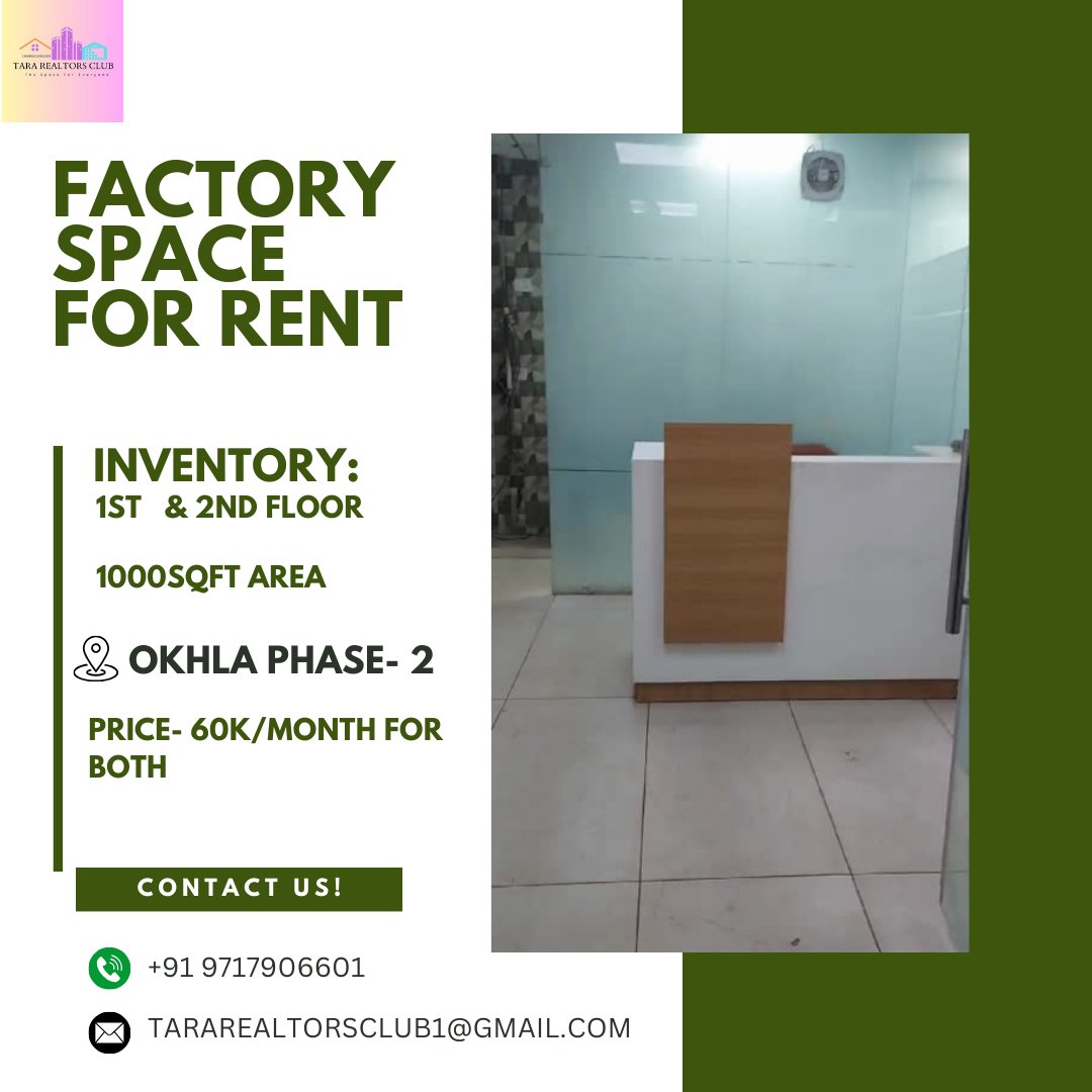 taraclub1's tweet image. 🏭 Factory Space for Rent! 🏭

 📦 Inventory:
1st &amp;amp; 2nd Floor
1000 sqft Area
Okhla Phase-2
Price: ₹60,000/month for both

Contact Us:
📞 +91 9717906601
📧 tararealtorsclub1@gmail.com
Don&apos;t miss out on this opportunity for your business needs! #FactoryForRent #Industrial