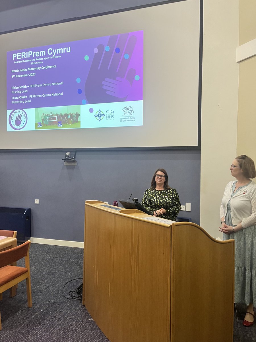Wales National Leads Laura &amp; Rhian for maternity and Neonatal PERIPrem Cymru addressing the #BCUPerinatalConf in North Wales today.