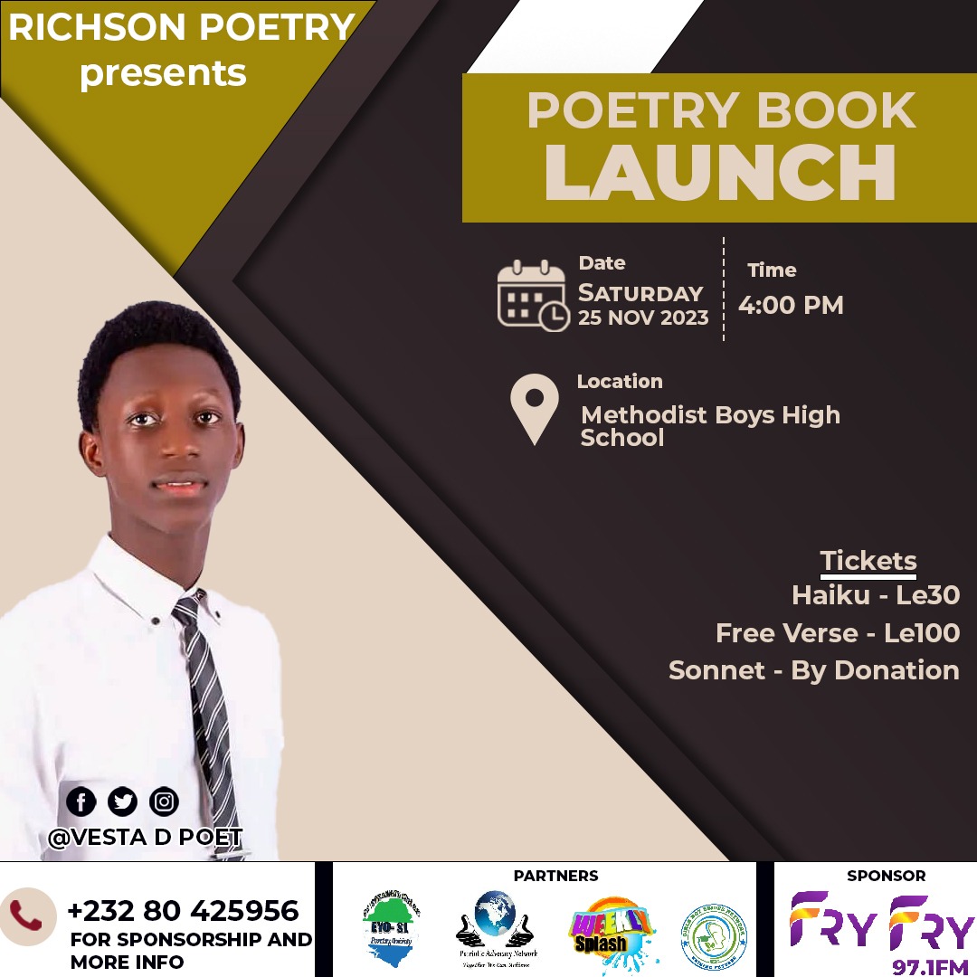 SplashWeekly's tweet photo. #weeklysplash #PoetryBookLaunch 
Make a rendez-vous with @vester_d_poet in his upcoming Poetry Book Launch. 
@weeklysplash is a proud partner.📚✒️❤️

#onlineshow #entertainment #education #showbiz #fun #poetry #sierralone #youth #booklaunch https://t.co/XWcbCFWSWN