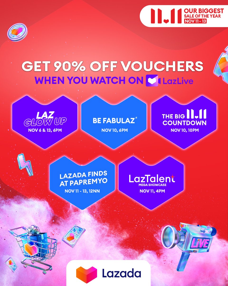 90% off vouchers ang pwede mo mapanalunan araw-araw sa LazLive ngayong #LazadaBiggestSale! 🤩💯 Mark your calendars for these dates! Set reminders 👉 lzd.co/WatchLazLivePH #LazadaPH1111 #LazadaPH