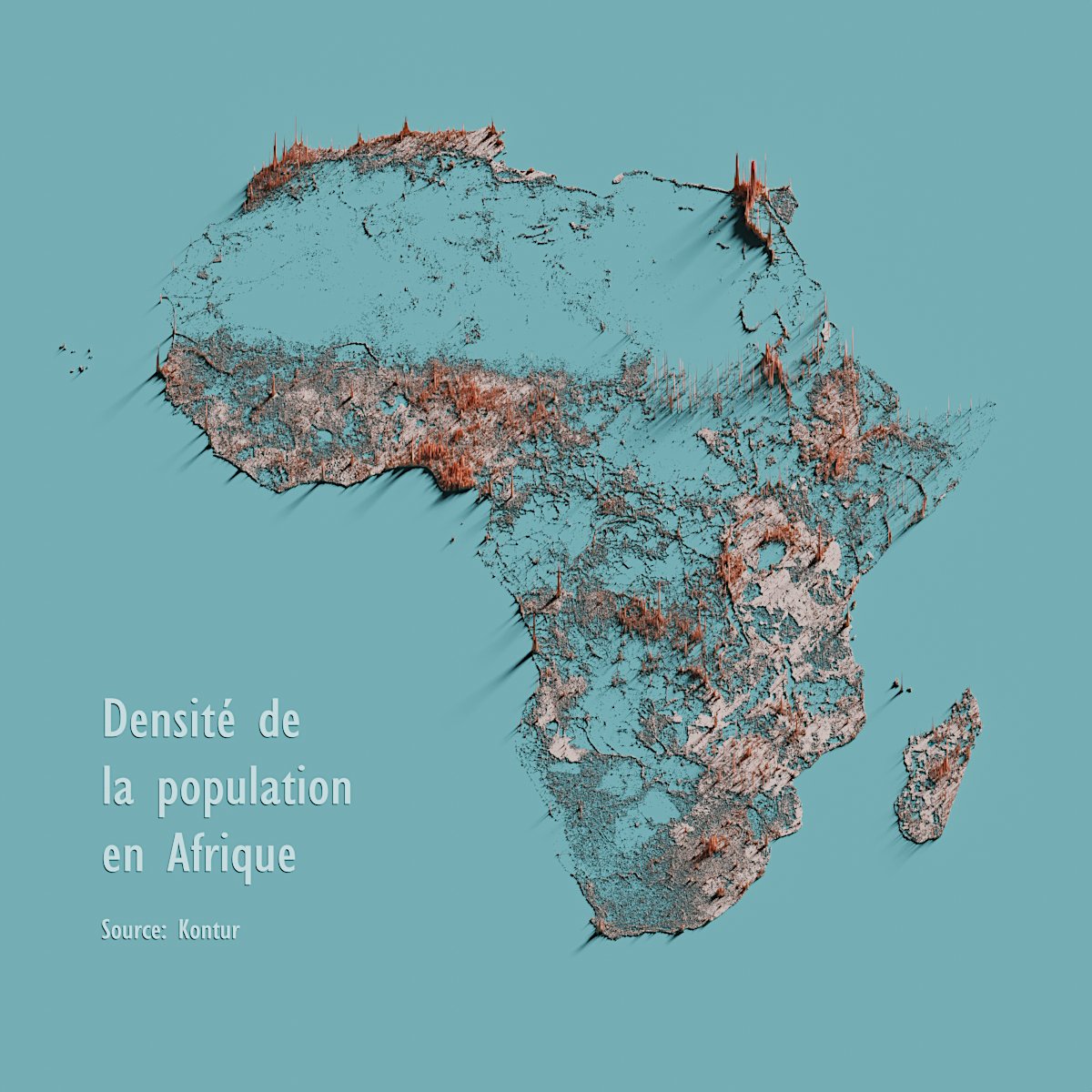 privatemajory's tweet image. #30DayMapChallenge Jour 8: Afrique. Densité de la population à travers le continent🌍. (Source: Kontur population density dataset)