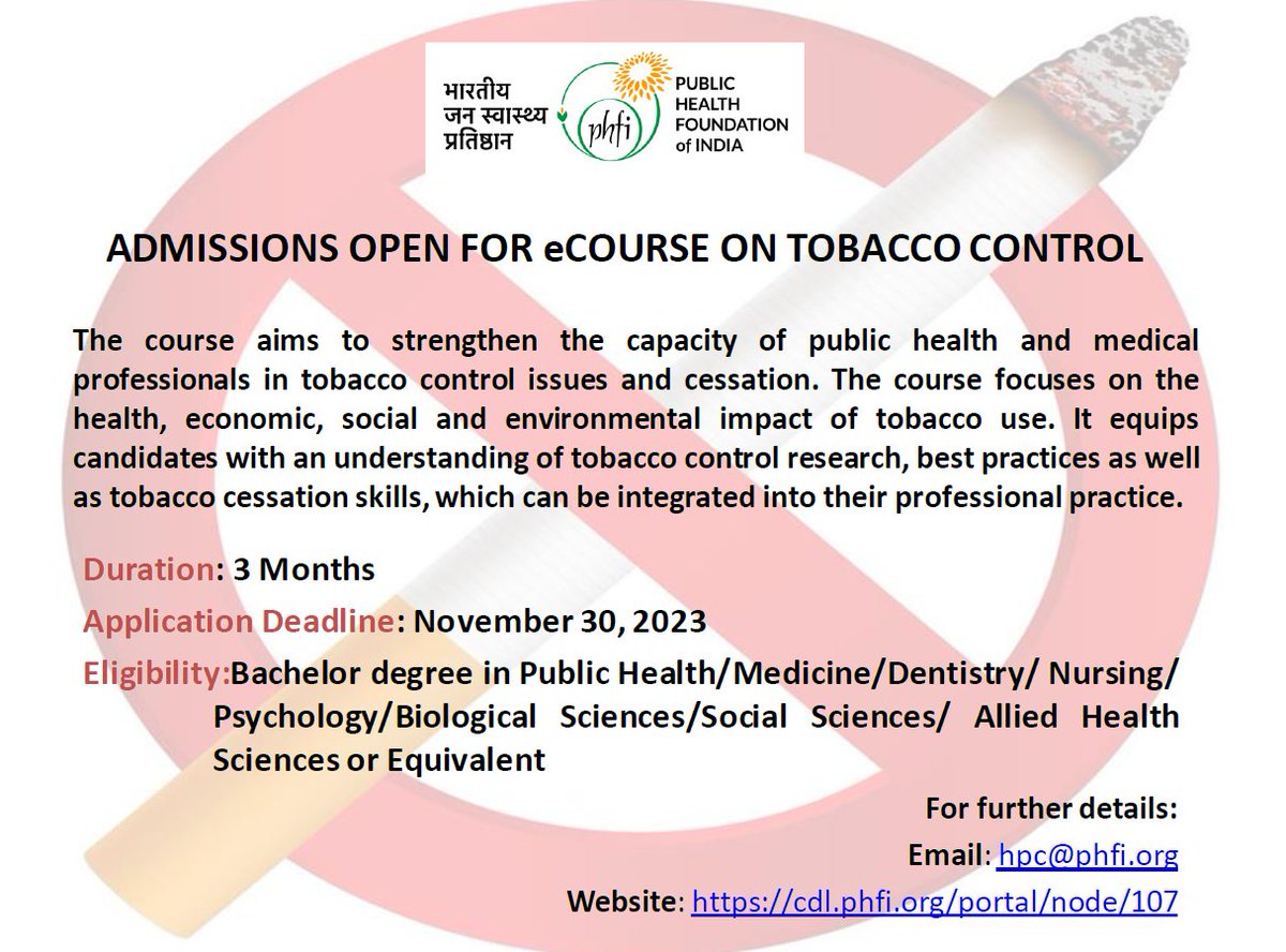 GlobalSRNT's tweet image. #ApplicationsOpen I eCourse on Tobacco Control  

Last date of Application: November 30, 2023   

For more details visit: cdl.phfi.org/portal/node/107