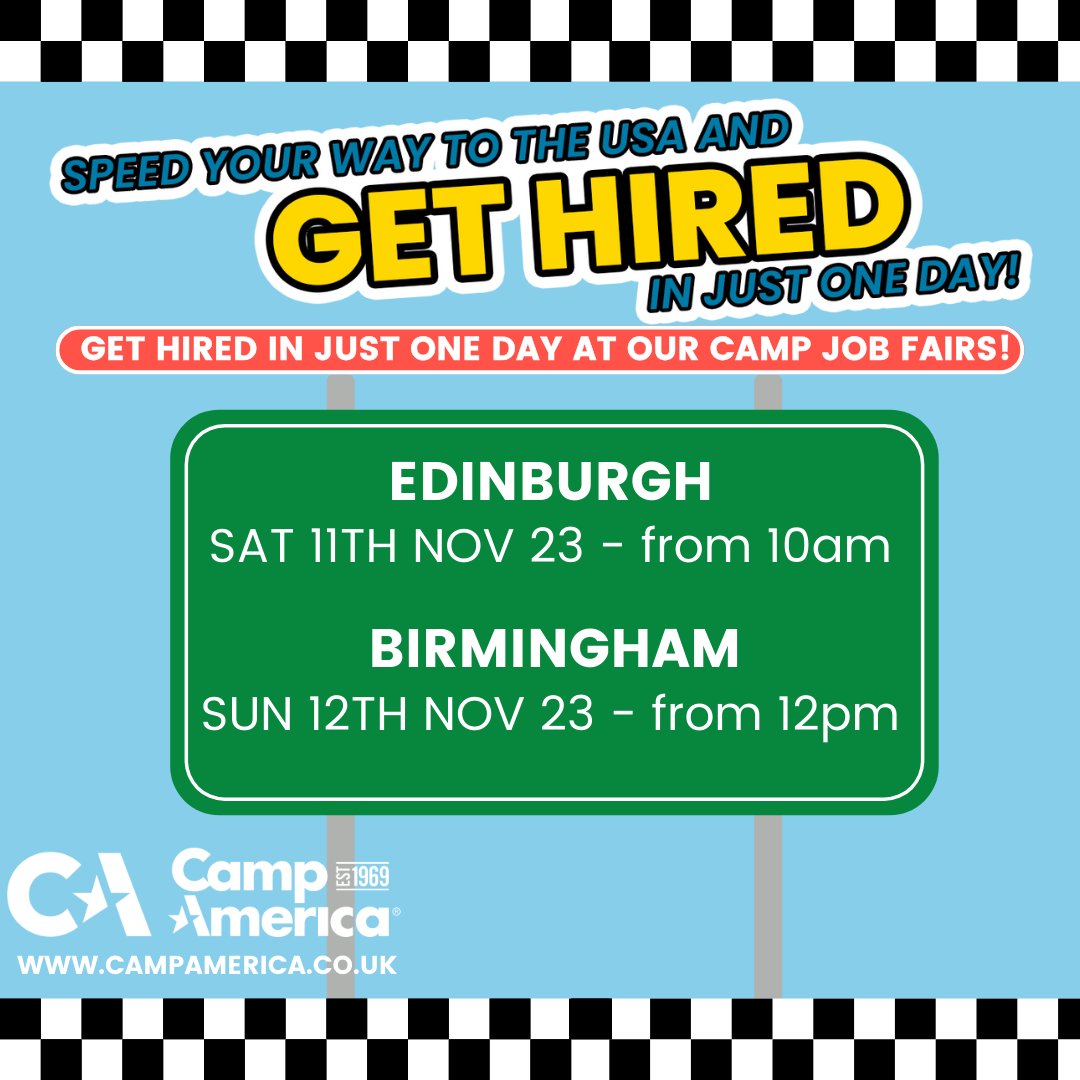 UofG Careers (@uofgcareers) on Twitter photo 🇺🇸 Explore opportunities with <a href="/CampAmerica69/">Camp America</a> at their Job Fair!
Sat, 11 Nov, 10:00-16:00 🕙
Edinburgh 📍
• Chat with the team
• Ask questions
• Learn how to fast-track your application
• Meet camp directors
You could even get hired on the spot!
🔗 bit.ly/campamericafai… 🇺🇸 Explore opportunities with <a href="/CampAmerica69/">Camp America</a> at their Job Fair!
Sat, 11 Nov, 10:00-16:00 🕙
Edinburgh 📍
• Chat with the team
• Ask questions
• Learn how to fast-track your application
• Meet camp directors
You could even get hired on the spot!
🔗 bit.ly/campamericafai…