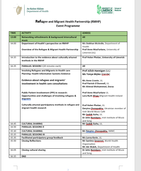 The @WHO Collaborating Center at our #ParticipatoryHealthResearch Unit @UL was delighted to discuss research emerging from our @roinnslainte refugee & migrant partnership at event yesterday including @HSELive @HSE_SI @Ahmed_Lim1 @DorasIRL @CairdeIreland @SCTIreland @HRCIreland