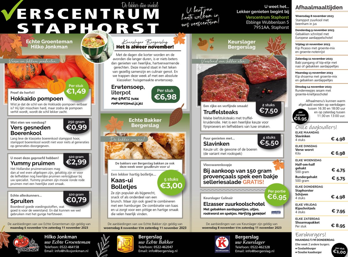 BergerslagEB's tweet photo. 𝐀𝐚𝐧𝐛𝐢𝐞𝐝𝐢𝐧𝐠𝐞𝐧 𝐯𝐚𝐧 𝐝𝐞𝐳𝐞 𝐰𝐞𝐞𝐤! 😉
Hierbij de advertentie voor week 45 2023 van Verscentrum Staphorst, de lekker-eten-winkel! ✔ Onze aanbieding is geldig vanaf vandaag t/m zaterdag. #verscentrumstaphorst #advertentie #aanbiedingen #week452023 https://t.co/wInsPjaPzb