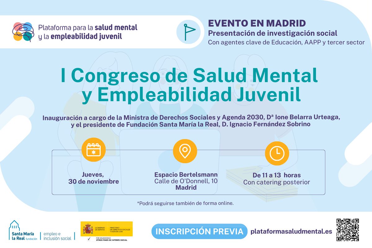 ¿Aún no lo sabes? El 30 de nov. celebramos en #Madrid el I Congreso de Salud Mental y Empleabilidad Juvenil 👏 Analizaremos la realidad sobre la #saludmental de #jóvenes asociada a su falta de #empleo 💼 o ante un trabajo precario ❌, y cómo orientarles👌 
areaempleofsmlr.es/2023/10/10/el-…