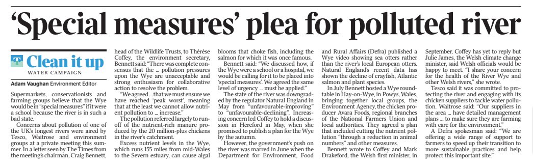 • If the river Wye were a school it would be in special measures, according to Tesco, Waitrose and conservationists #CleanItUp • @CraigBennett3 wrote to Welsh & UK govt on state of Wye. @JulieJamesMS replied, @theresecoffey hasn't • Still no sign of Coffey's plan for the Wye