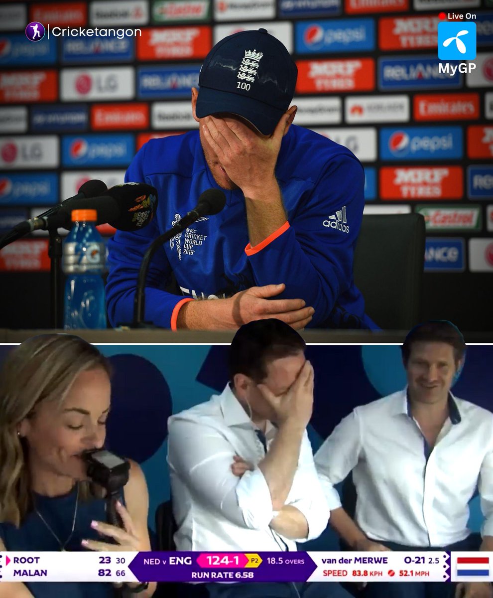 cricketangon's tweet image. "Thanks for bringing it up guys. Dark, dark those days!" - Eoin Morgan from the commentary box while talking about England's defeat against Bangladesh in #CWC15.

#CWC23 | #ENGvNED