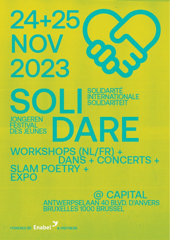 Enabel_Belgium's tweet photo. 🌐Jongeren aanmoedigen om wereldburgers te worden is een van onze doelstellingen!
Ben je tussen de 17 en 26 jaar en ben je benieuwd naar internationale solidariteit?
Kom dan naar het #SoliDARE festival:
📅24 & 25 november 2023
📍@CAPITALvzw
Tickets hier👉https://t.co/2qq52OPhsG https://t.co/F99v7QmemY