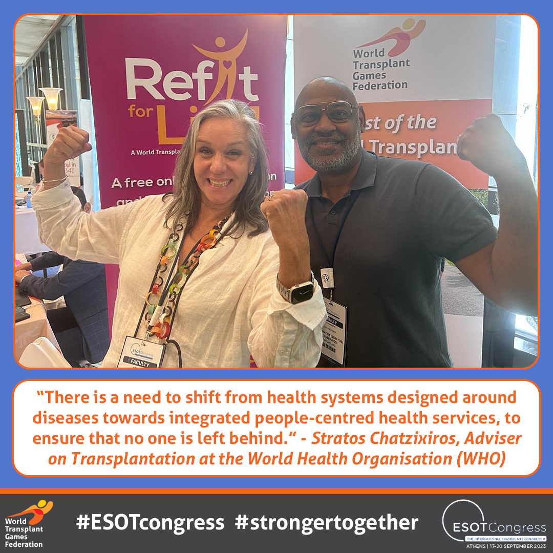 WTGF1's tweet image. WTGF President Liz Schick &amp;amp; Stratos Chatzixiros from W.H.O emphasize people-centered healthcare in transplantation. Collaboration between healthcare professionals, patients, and their social environment is crucial to improve outcomes &amp;amp; promote #organdonation @ESOTtransplant