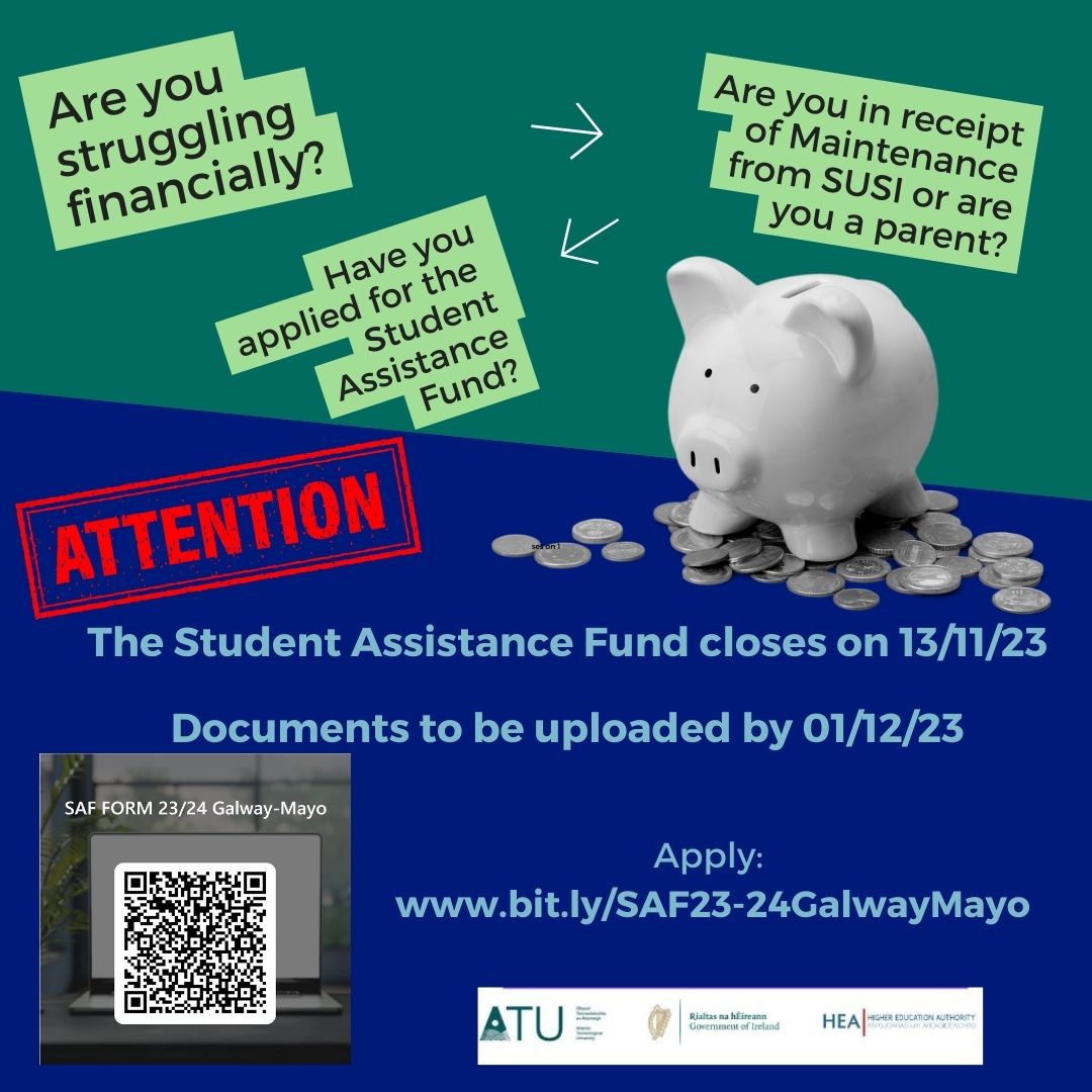 Have you applied for SAF this year? If not, do so by Monday 13/11 as that's the closing date. If your household income is under €46790 or you get maintenance from SUSI or are a parent, apply now. @ATU_GalwayCity @ATU_Connemara @ATU_Mountbellew @ATU_Mayo @ATU_GALWAY_SDCA