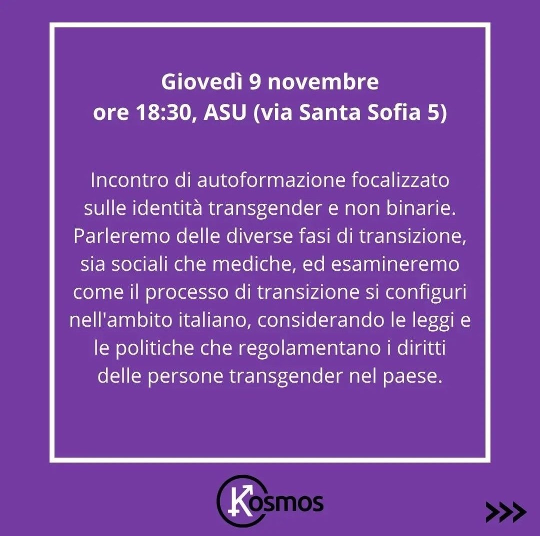 kosmos_padova's tweet photo. I prossimi incontri si focalizzeranno sul Transgender Day of Remembrance che si terrà il 20 novembre per onorare la memoria delle persone Transgender che hanno perso la vita a causa di atti discriminatori. Ci vediamo questo giovedì con un incontro di autoformazione 🏳️‍⚧️ https://t.co/ET28KHRDit