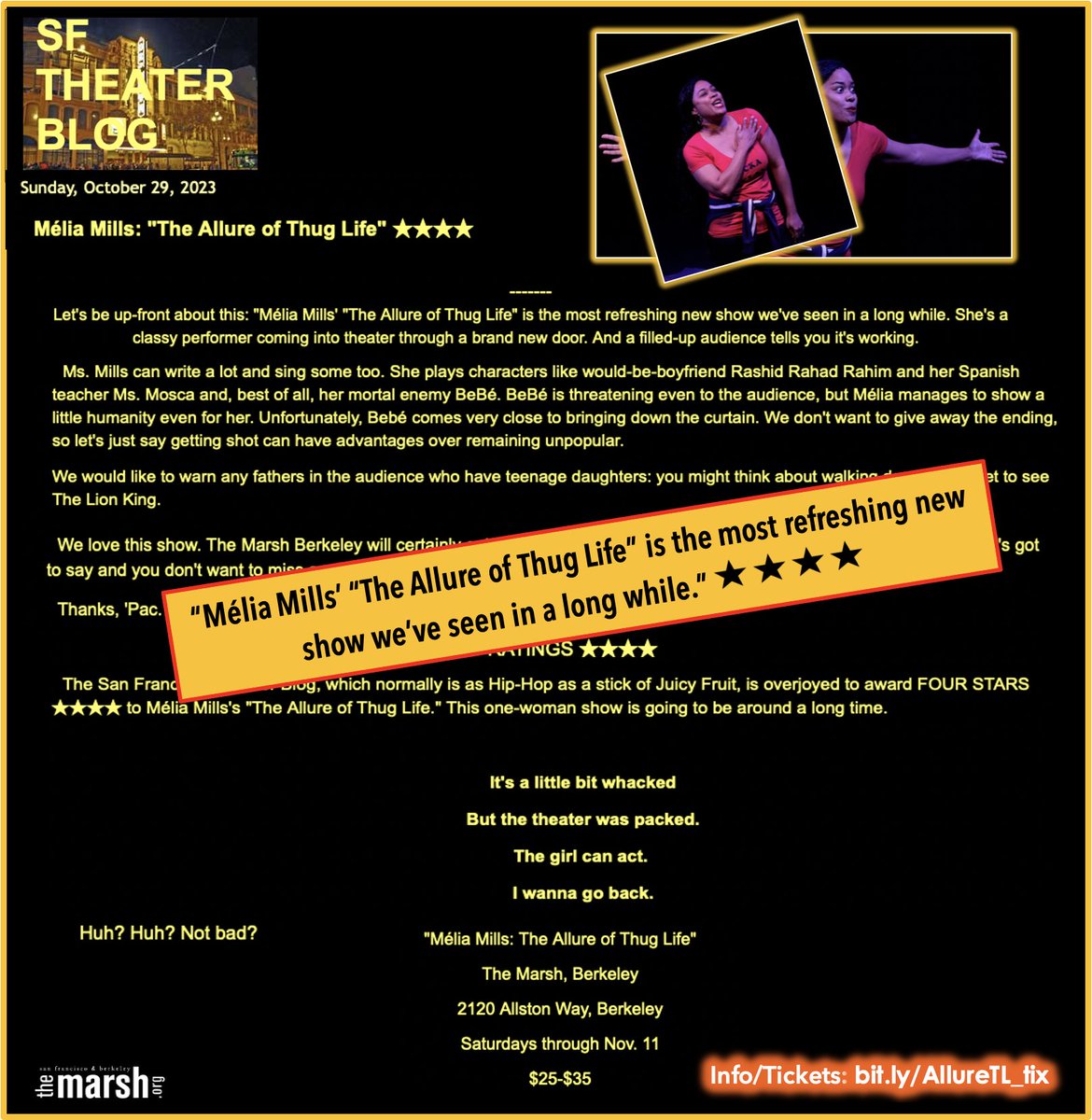 ILoveTheMarsh's tweet photo. #sftheater says "We love this show"—& audiences love it too! @MeliaMills' THE ALLURE OF THUG LIFE is live at #TheMarshBerkeley—get tix at: https://t.co/IdoCClU2Vc
UPDATE: this SAT 11/11 is SOLD OUT.
Due to popular demand, the show is extended (1/2) https://t.co/ME1FPFgwZj