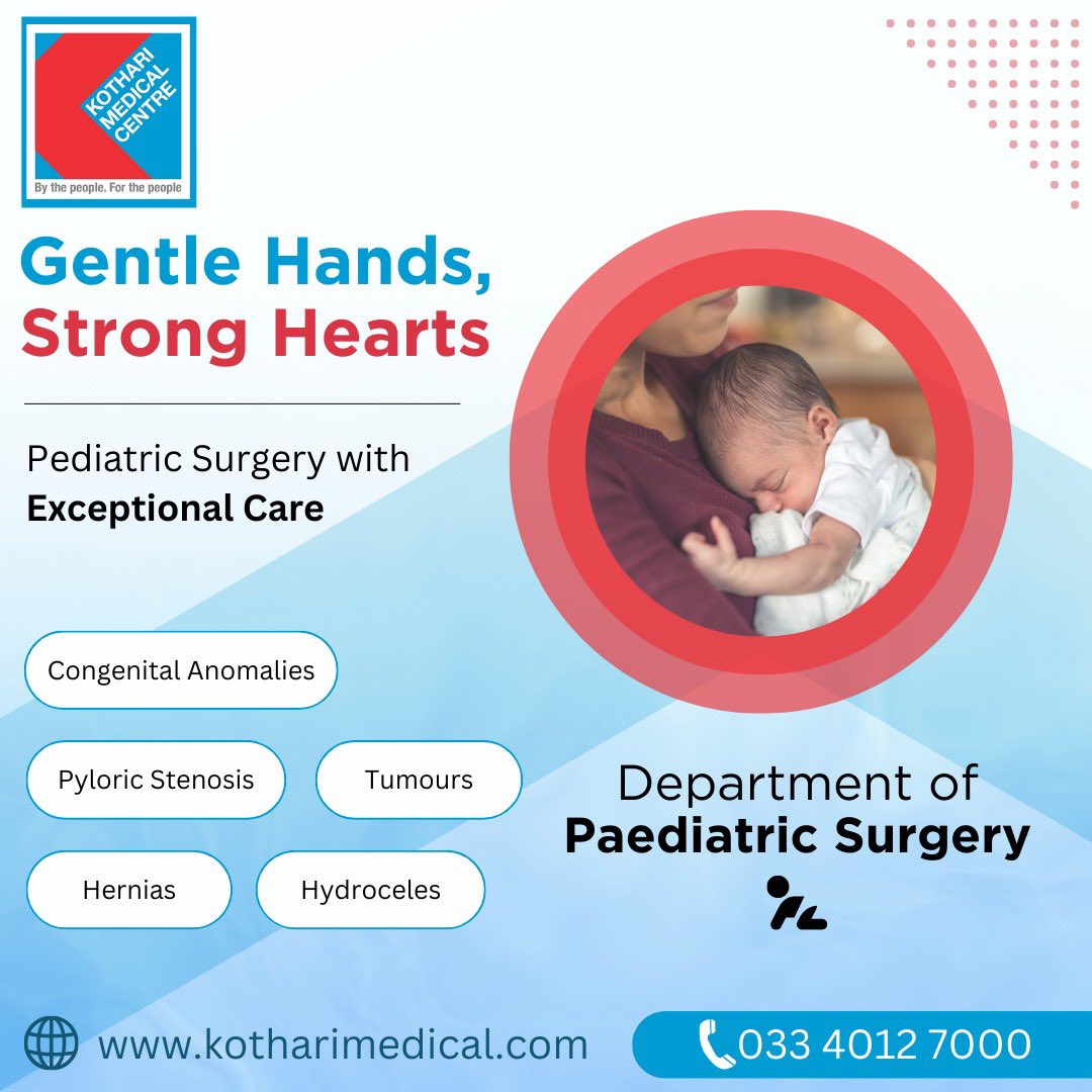 Experience exceptional care at Kothari Medical Centre's Department of Paediatric Surgery. 

Book your child's appointment today.

#PediatricSurgery #ExceptionalCare #KothariMedicalCentre #ChildHealth #SurgicalExpertise #GentleHands #HealthcareHeroes #MedicalExcellence