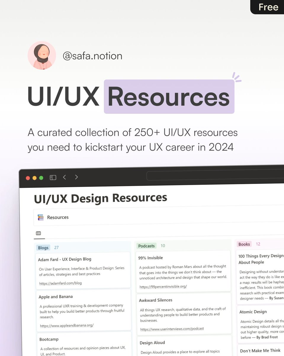safa_notion's tweet image. Looking to break into UI/UX Design? Here&apos;s how I made it simple for you.

A curated collection of 250+ resources to break into UI/UX Design in 2024.

Normally $10, now FREE for 48 hours.

To get it, simply:
🔁Retweet
💬Comment &quot;UX&quot;

Must be following for DM