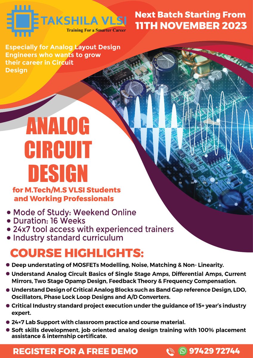 Takshila VLSI’s Analog Circuit Design Course for M.Tech/M.S VLSI Students and Working Professionals in Analog Layout Design who wants to grow their career in Circuit Design. New weekend batch starting from 11thNovember 2023. Call/Whatsapp 97429 72744 to register. Or