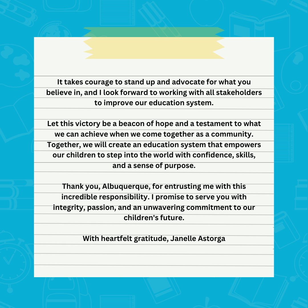 🎊 It's official! With 48.39% of the vote, I'm honored to be elected as the next APS School Board Member for District 1. Thank you, Albuquerque, for 2955 votes of confidence! Our work starts now. #Janelle4APS #Education #nmpol #ElectionNight #Albuquerque