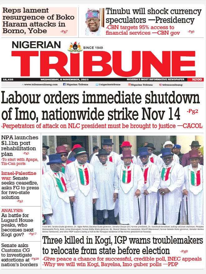 alpha1065fm's tweet photo. Newspaper 📰 #Headlines Wednesday 8th November 2023.

#Killings attacks in Kogi, Imo, Bayelsa 
#flooding in Ogun
NLC, TUC   to begin strike action in Imo

(1) https://t.co/FHPplDmIr7