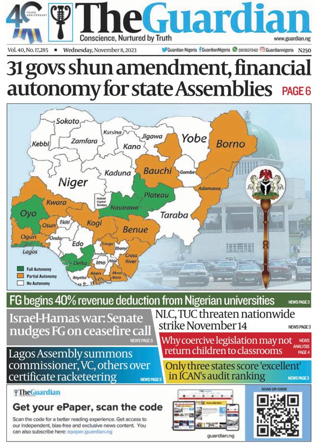 alpha1065fm's tweet photo. Newspaper 📰 #Headlines Wednesday 8th November 2023.

#Killings attacks in Kogi, Imo, Bayelsa 
#flooding in Ogun
NLC, TUC   to begin strike action in Imo

(2) https://t.co/Bq12XgyDeu