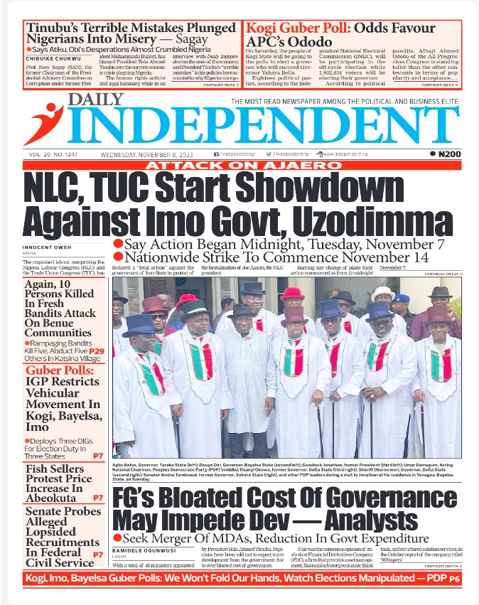 alpha1065fm's tweet photo. Newspaper 📰 #Headlines Wednesday 8th November 2023.

#Killings attacks in Kogi, Imo, Bayelsa 
#flooding in Ogun
NLC, TUC   to begin strike action in Imo

(2) https://t.co/Bq12XgyDeu