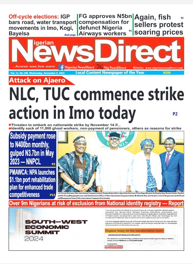 alpha1065fm's tweet photo. Newspaper 📰 #Headlines Wednesday 8th November 2023.

#Killings attacks in Kogi, Imo, Bayelsa 

#flooding in Ogun

NLC, TUC   to begin strike action in Imo

(3) https://t.co/vicWlH3BD3