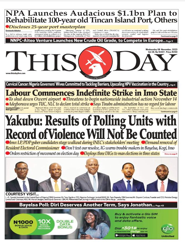 alpha1065fm's tweet photo. Newspaper 📰 #Headlines Wednesday 8th November 2023.

#Killings attacks in Kogi, Imo, Bayelsa 
#flooding in Ogun
NLC, TUC   to begin strike action in Imo

(1) https://t.co/FHPplDmIr7