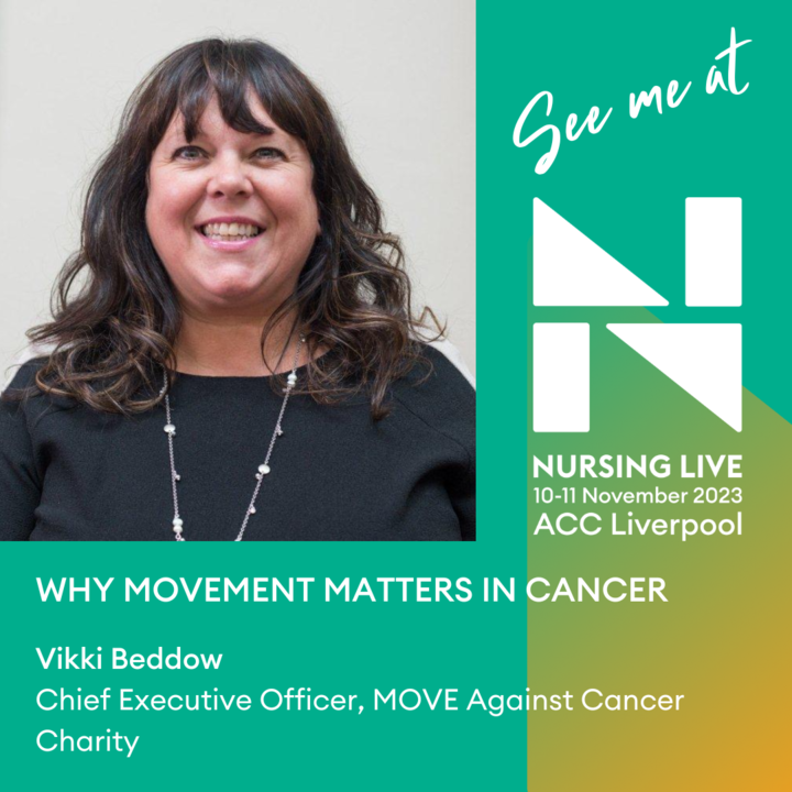 🤩We are delighted to be speaking at #NursingLive this Saturday afternoon about why movement matters in cancer. 
Join us in Learning Lab 1 at 3:35pm - 4pm to learn more about the benefits of physical activity for cancer patients and the outcomes we have achieved through our work.