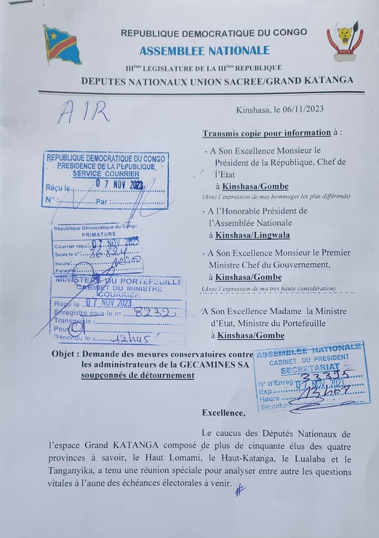 abelamundala's tweet image. Les Députés Nationaux du #Katanga réclament des mesures conservatoires contre les dirigeants de la @Gecamines dont le PCA #GuyRobert &amp;amp; l'Adm #LeonMwine «pour des raisons d’équité et de justice» après le rapport de l’#IGF qui dénonce le détournement de + de 10 Millions $
Lettre 👇