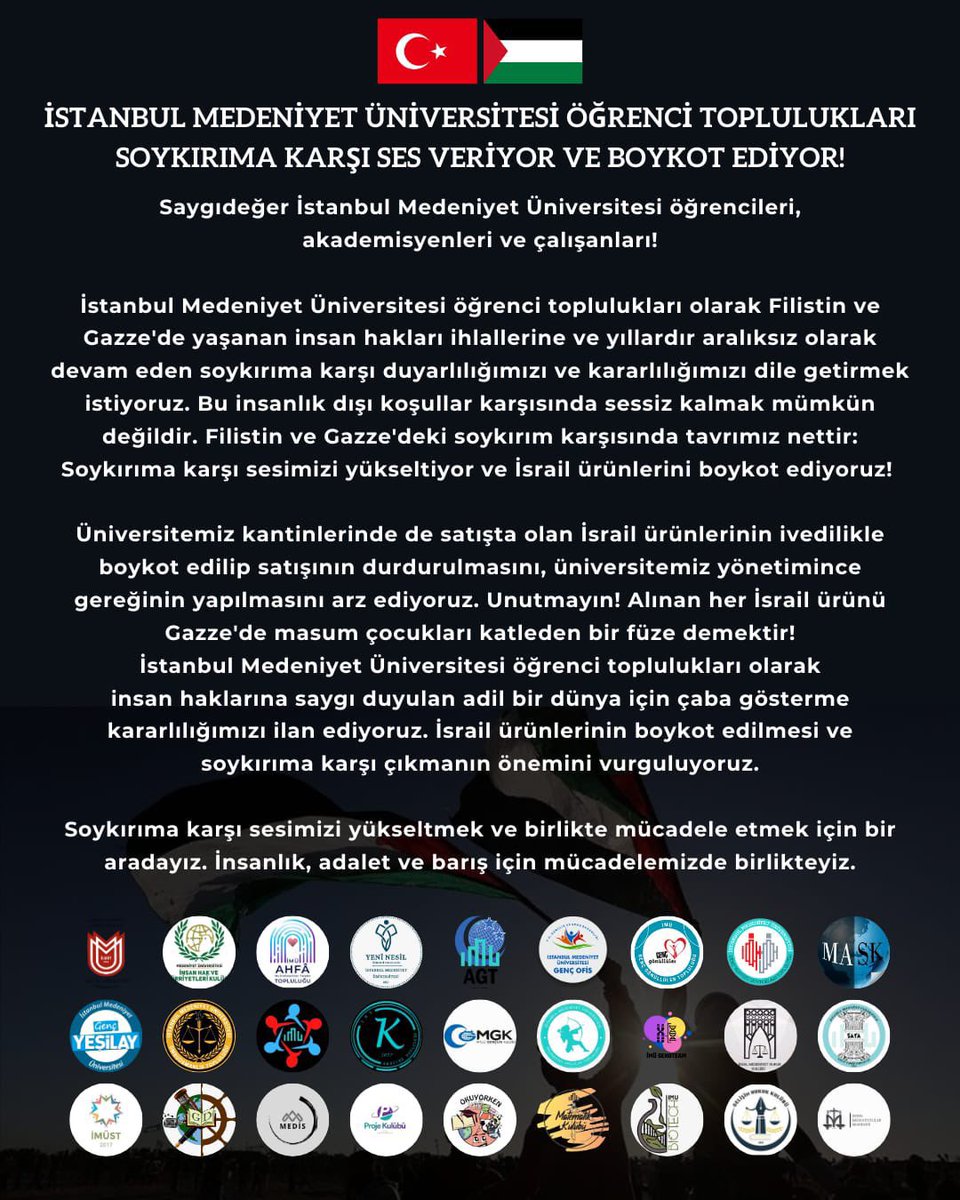 İstanbul Medeniyet Üniversitesi Öğrenci Toplulukları Soykırıma Karşı Ses Veriyor ve Boykot Ediyor!!

#medeniyetboykotistiyor