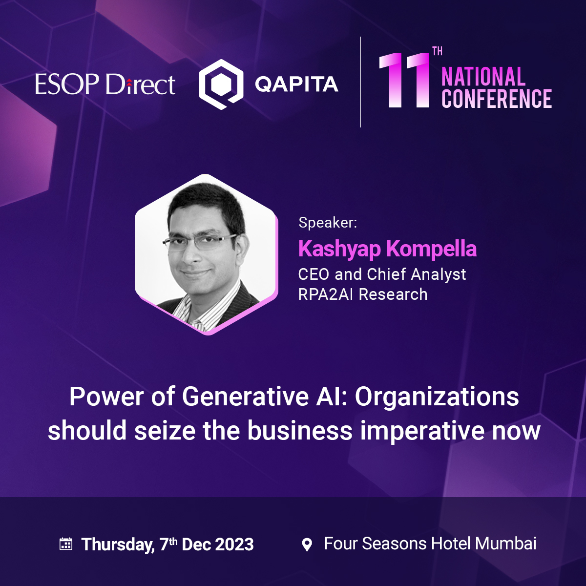 We are thrilled to announce a distinguished addition to our lineup of speakers for the 11th National Conference on Equity Compensation.

Kashyap Kompella, a multi-talented individual who has garnered accolades as an industry analyst, best-selling author, educator, and advisor.