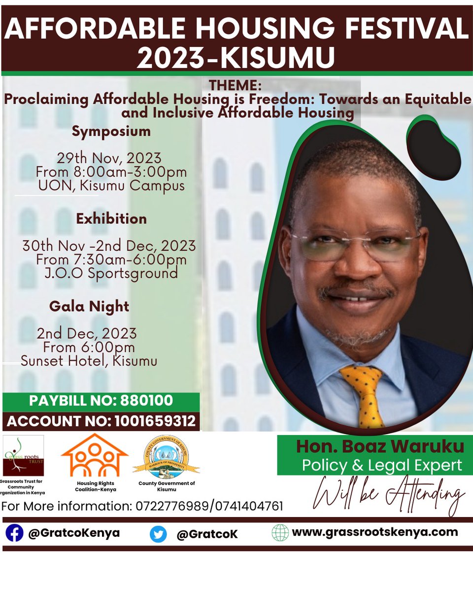 🏡 Join us in Kisumu from Nov 29th to Dec 2nd for the Affordable Housing Festival 2023! Discover solutions to the housing crisis and celebrate the right to adequate and affordable housing. Let's make housing a human right.
<a href="/AnyangNyongo/">Gov. Anyang' Nyong'o</a>
<a href="/KAM_Kenya/">KAM</a>
<a href="/paulogendi/">Paul Ogendi, PhD</a>

EPRA, Wells Fargo