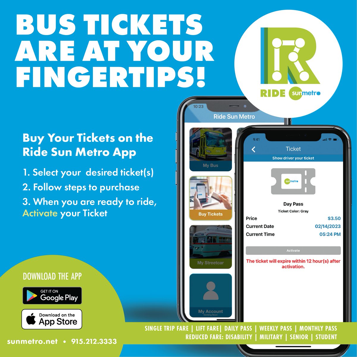 SunMetro's tweet photo. Bus tickets are at your fingertips! Pay your fare straight from your smartphone.
Download the Ride Sun Metro app today: https://t.co/3ic5QADprJ
#RideSunMetro #BusApp #SunMetro #BusFare #digitalbusticket #digitalticket #bus https://t.co/AFficpwYVM