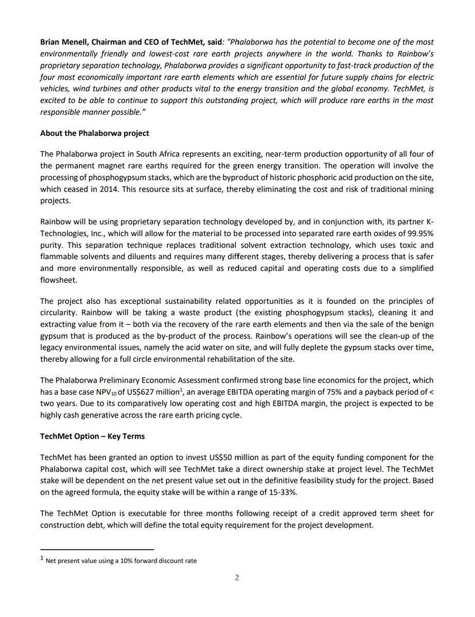 RainbowREarths's tweet image. 📢$RBW announces that #criticalmetals champion #TechMet Ltd has been granted the option to invest US$50 million in a direct stake in the Phalaborwa Project in South Africa.📢
#criticalmaterials #rareeaths #supplychain #technology #energytransition
Read the full announcement here: