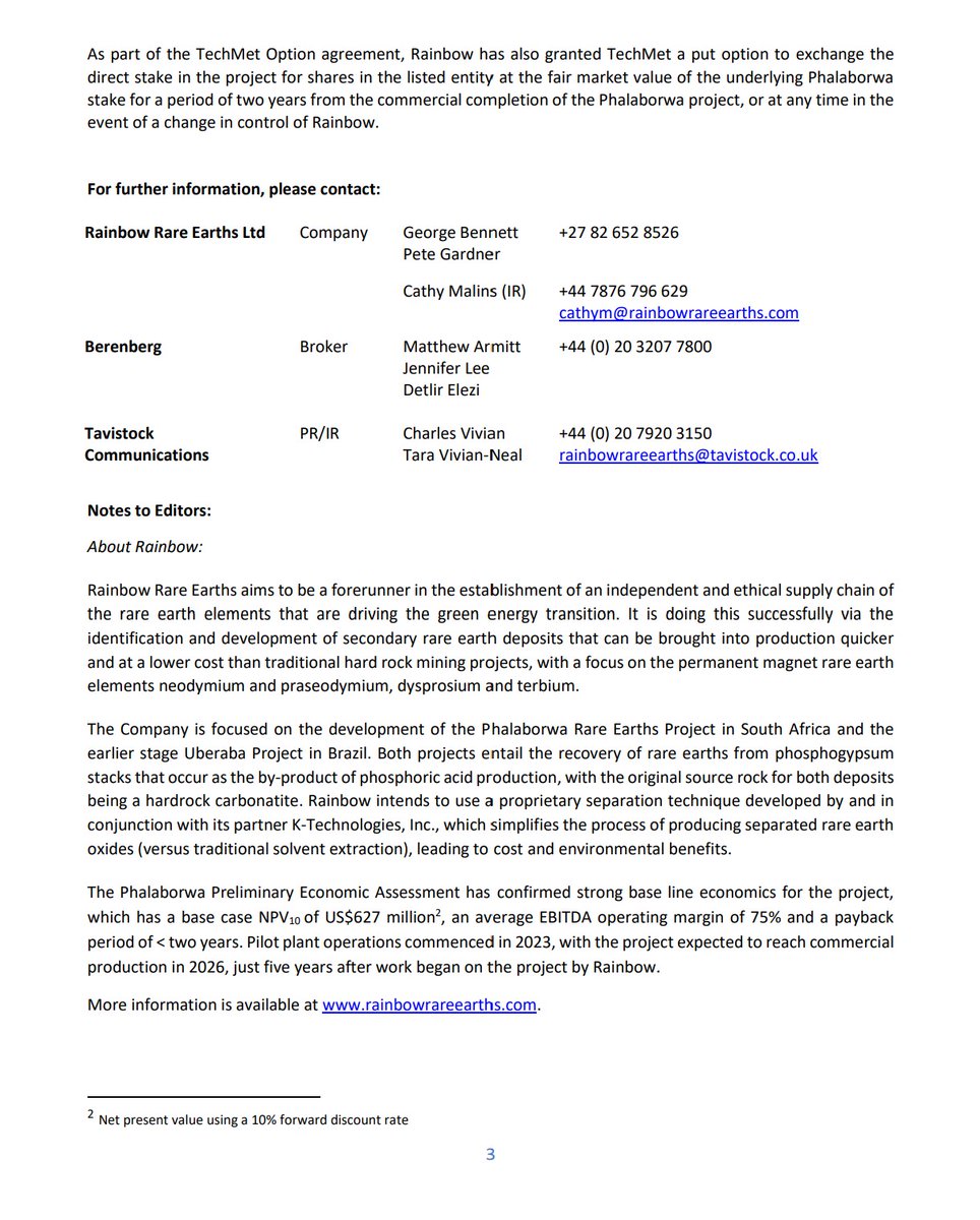RainbowREarths's tweet image. 📢$RBW announces that #criticalmetals champion #TechMet Ltd has been granted the option to invest US$50 million in a direct stake in the Phalaborwa Project in South Africa.📢
#criticalmaterials #rareeaths #supplychain #technology #energytransition
Read the full announcement here: