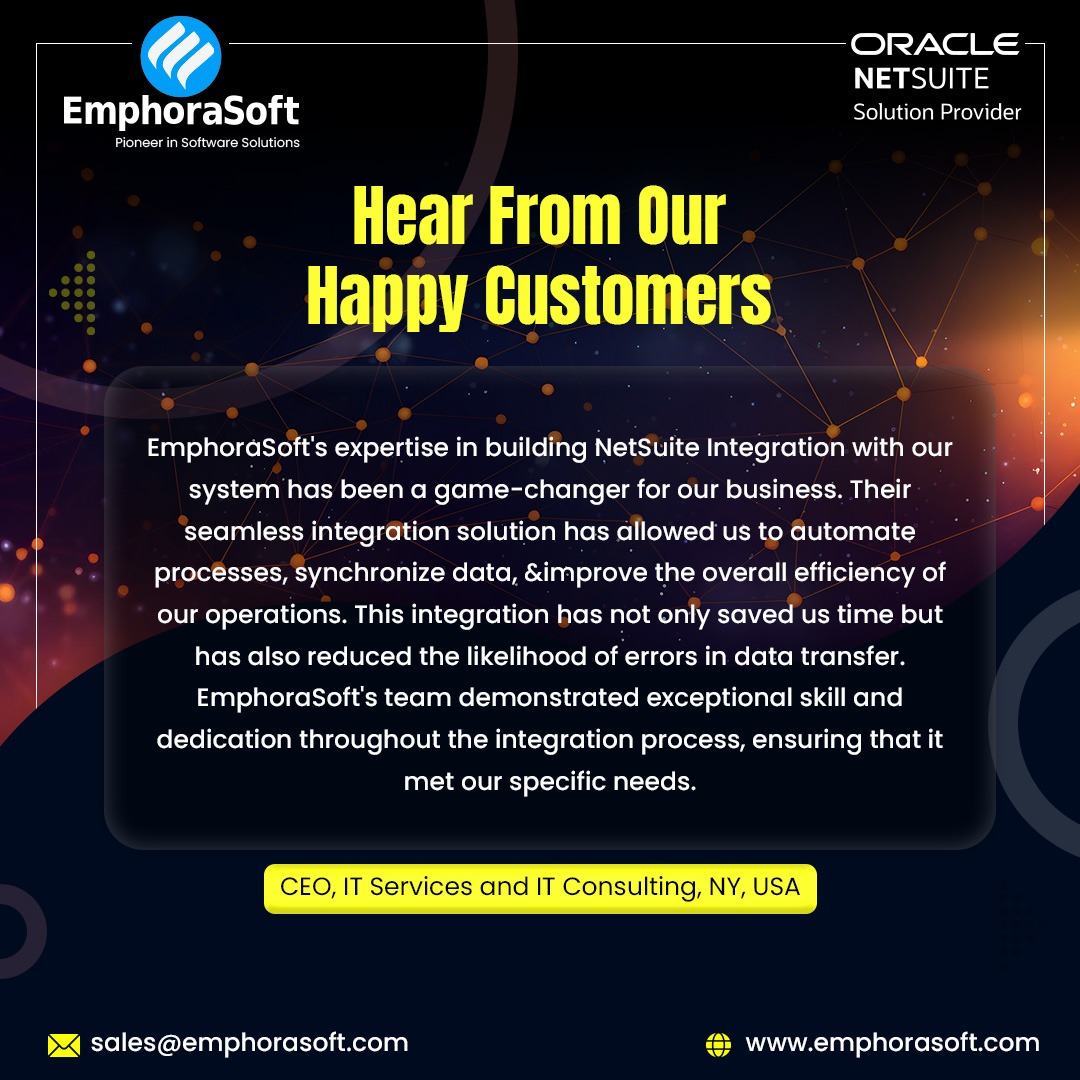 emphorasoft's tweet image. Transforming the mundane to the extraordinary! When our clients speak, we listen and the results are nothing short of miraculous. Thanks to seamless #NetSuiteIntegration, their operations are smoother, data more synchronized, and efficiency sky-high!

#clienttestimonials