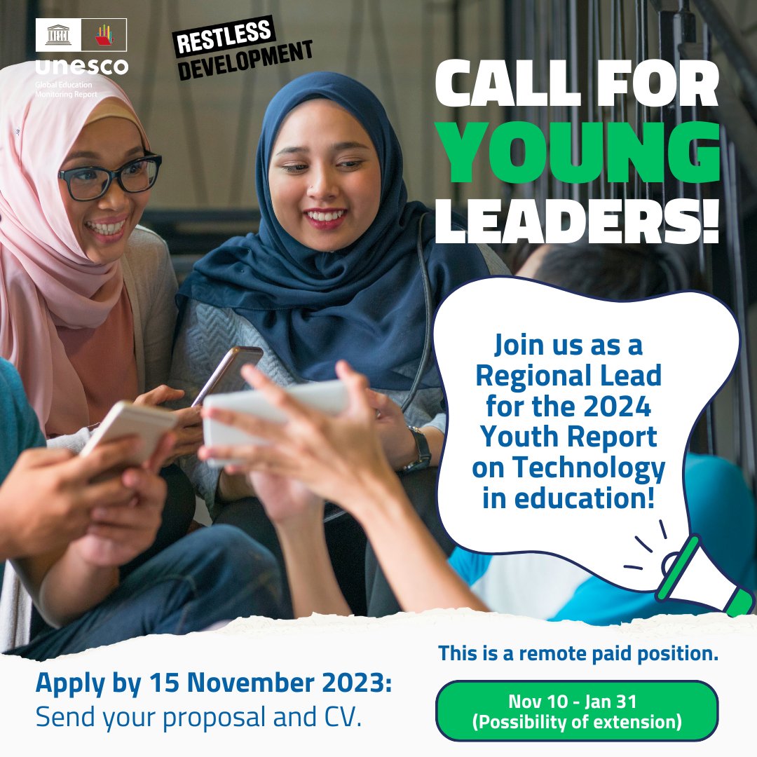 The deadline to join us as a regional lead in Asia, Europe, MENA, Latin and Central America and the Caribbean is now extended until November 15th! 
Contribute to #YouthConsultation with @RestlessDev, help shape the 2024 GEM Youth Report: bit.ly/3Sglo5J

 #TechOnOurTerms